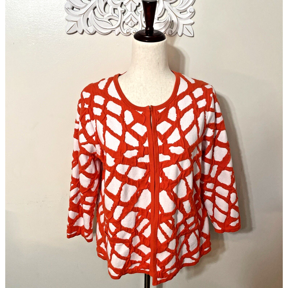 KASPER Women's MEDIUM Knit Cardigan Sweater Jacket 3/4 Sleeve WHITE ORANGE